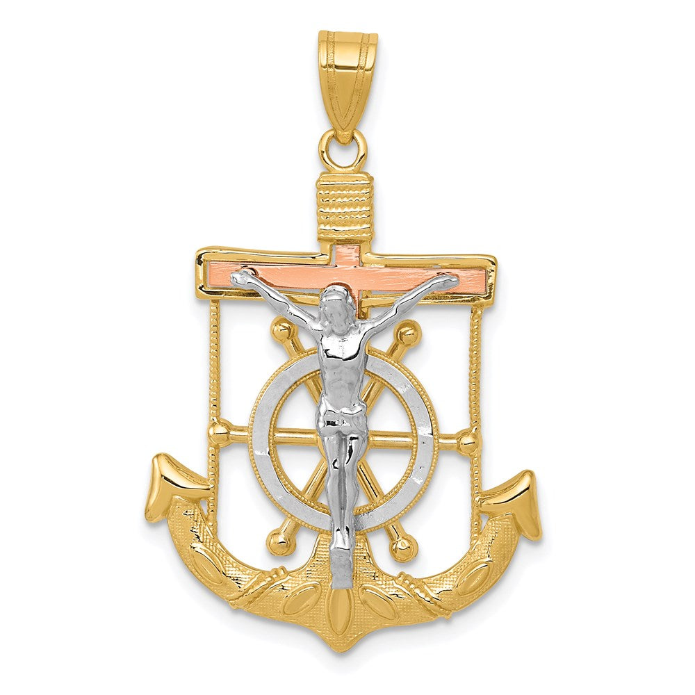 14k TriColor Gold Diamond-cut Mariners Crucifix Cross Pendant, 22x35mm, Item P27621-35 by The Black Bow Jewelry Co.
