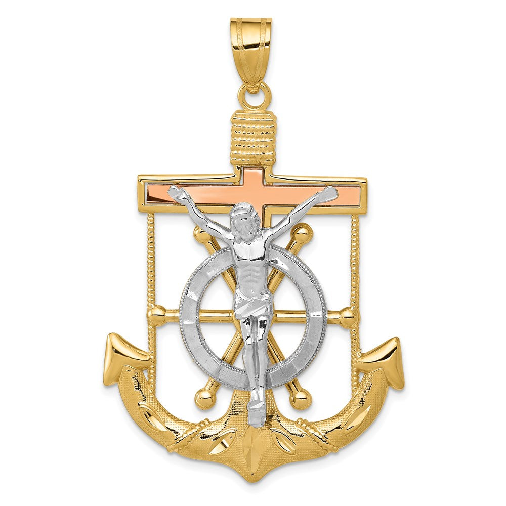 14k TriColor Gold Diamond-cut Mariners Crucifix Cross Pendant, 34x54mm, Item P27621-54 by The Black Bow Jewelry Co.