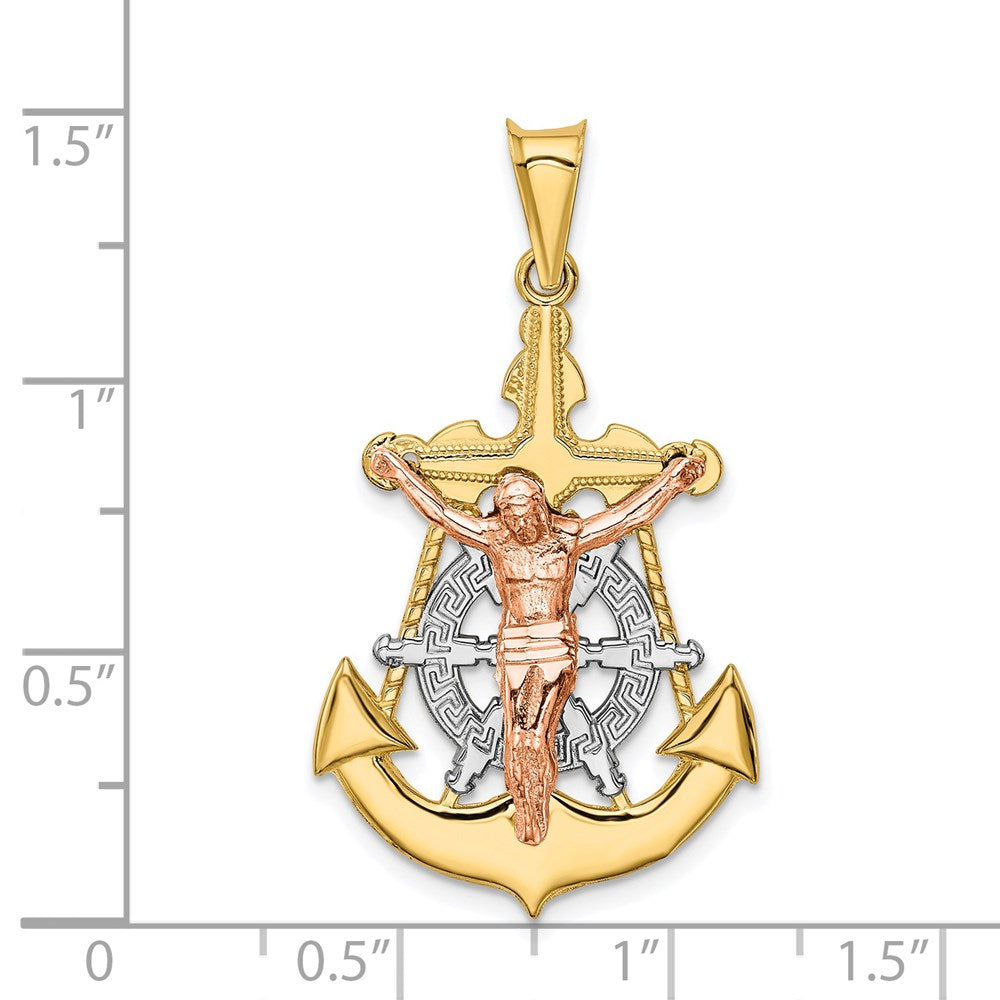 Alternate view of the 14k Tri-Color Gold Hollow Mariner Crucifix Cross Pendant, 20 x 37mm by The Black Bow Jewelry Co.
