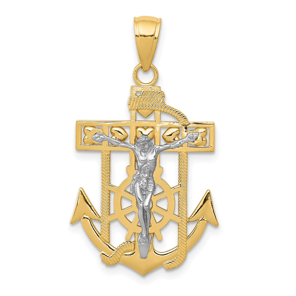 14k Yellow or Two-Tone Gold Textured Mariner Crucifix Pendant, 18x33mm