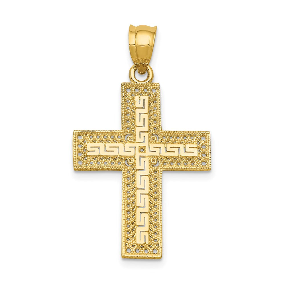 14k Yellow Gold Greek Key Filigree Cross Pendant, 18 x 32mm, Item P27656-32 by The Black Bow Jewelry Co.