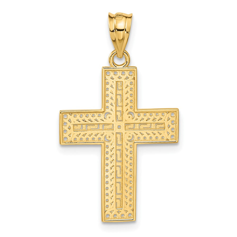 Alternate view of the 14k Yellow Gold Greek Key Filigree Cross Pendant, 18 x 32mm by The Black Bow Jewelry Co.