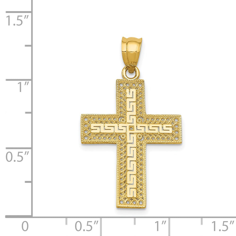 Alternate view of the 14k Yellow Gold Greek Key Filigree Cross Pendant, 18 x 32mm by The Black Bow Jewelry Co.