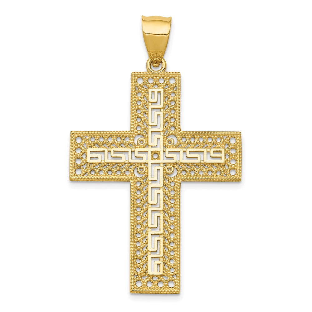 14k Yellow Gold Greek Key Filigree Cross Pendant, Item P27656 by The Black Bow Jewelry Co.