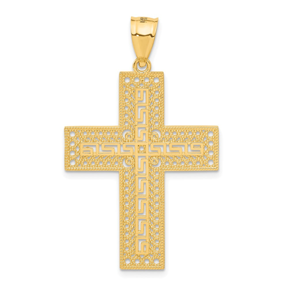 Alternate view of the 14k Yellow Gold Greek Key Filigree Cross Pendant, 28 x 46mm by The Black Bow Jewelry Co.