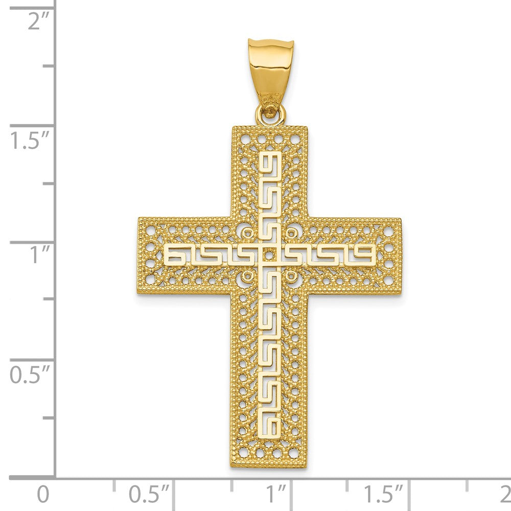 Alternate view of the 14k Yellow Gold Greek Key Filigree Cross Pendant, 28 x 46mm by The Black Bow Jewelry Co.