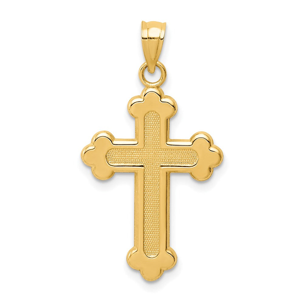 14k Yellow Gold Textured & Polished Budded Cross Pendant, Item P27662 by The Black Bow Jewelry Co.