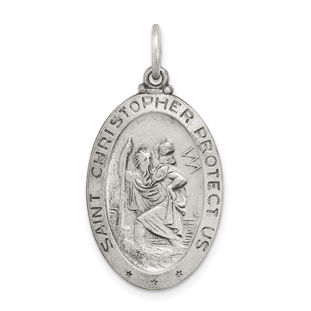 Sterling Silver St Christopher Oval Baseball Medal Pendant, 15 x 31mm, Item P27693-BA by The Black Bow Jewelry Co.