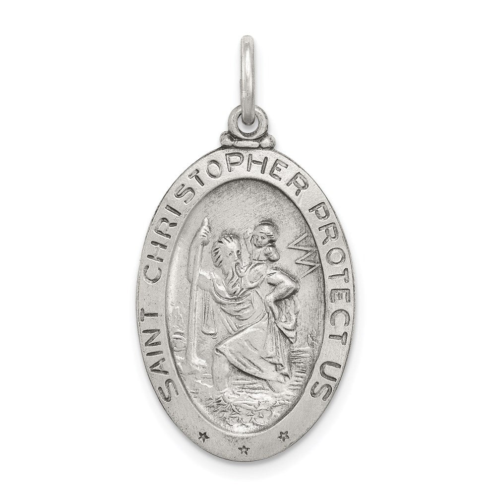 Sterling Silver St Christopher Oval Basketball Medal Pendant, 15x31mm, Item P27693-BK by The Black Bow Jewelry Co.
