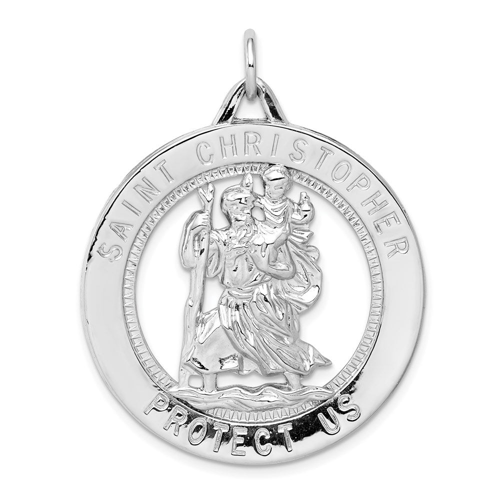 Sterling Silver Rhodium-Plated Large St. Christopher Medal Pendant, Item P27695 by The Black Bow Jewelry Co.
