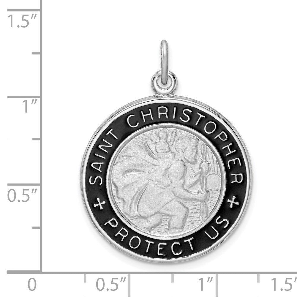 Alternate view of the Sterling Silver Rhodium-Plated Blk Enamel St Christopher Pendant, 24mm by The Black Bow Jewelry Co.