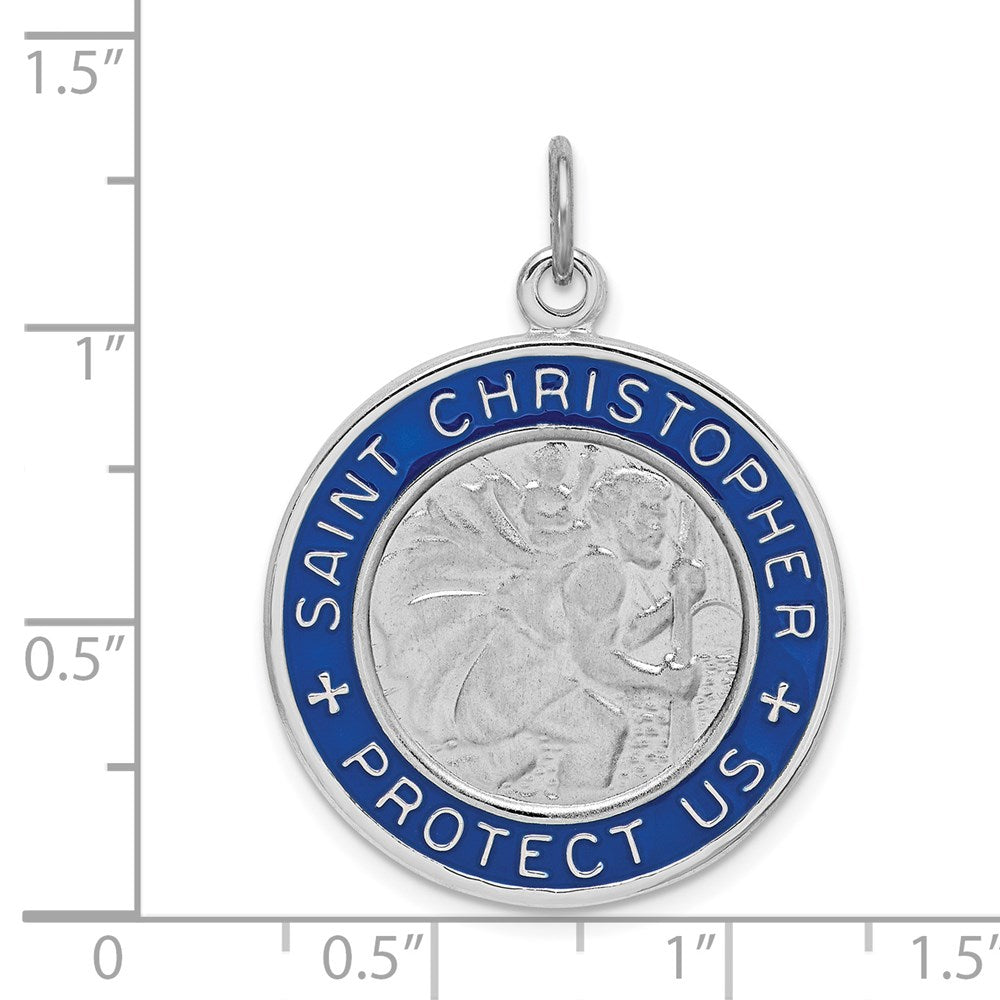 Alternate view of the Sterling Silver Rhodium-Plate Blue Enamel St Christopher Pendant, 24mm by The Black Bow Jewelry Co.