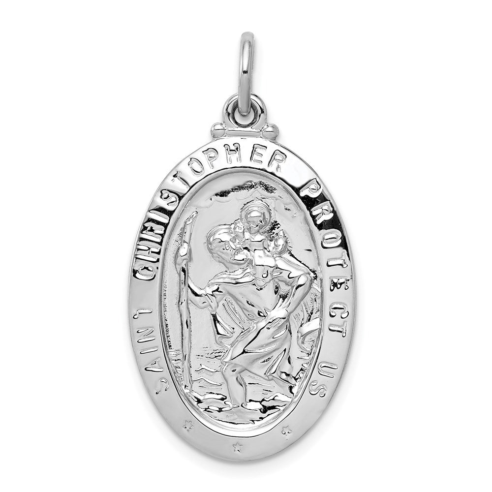 Sterling Silver Rhodium-Plated Oval St Christopher Medal Pendant, Item P27698 by The Black Bow Jewelry Co.
