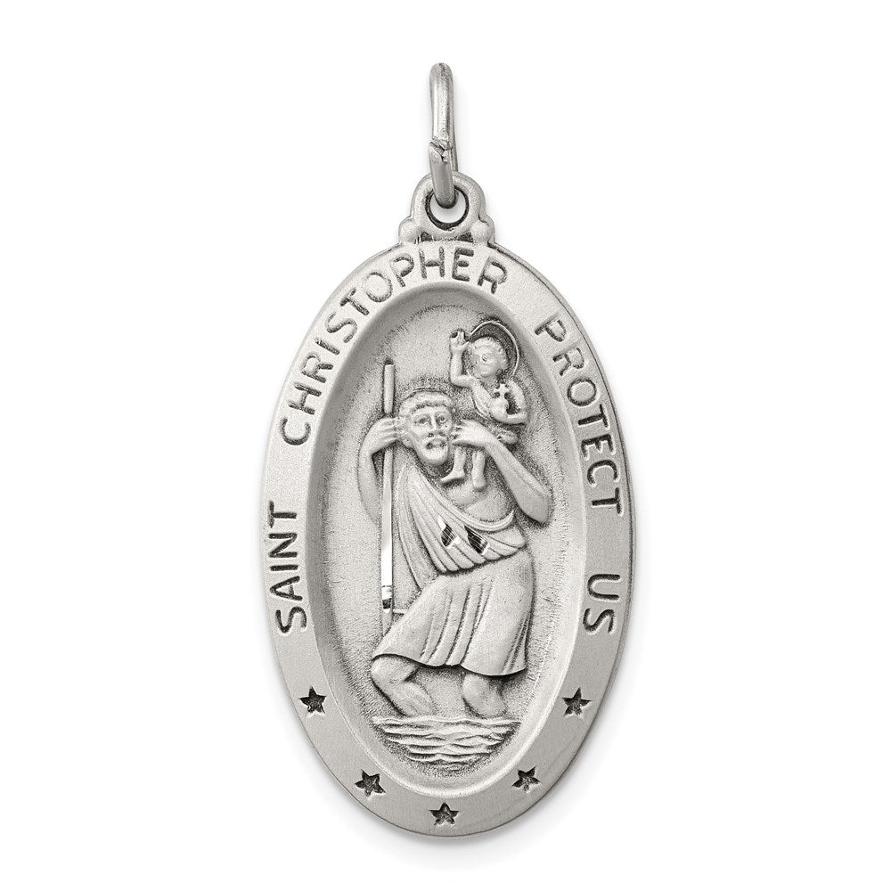 Sterling Silver Oval St. Christopher Medal Pendant, 16 x 34mm, Item P27699-34 by The Black Bow Jewelry Co.