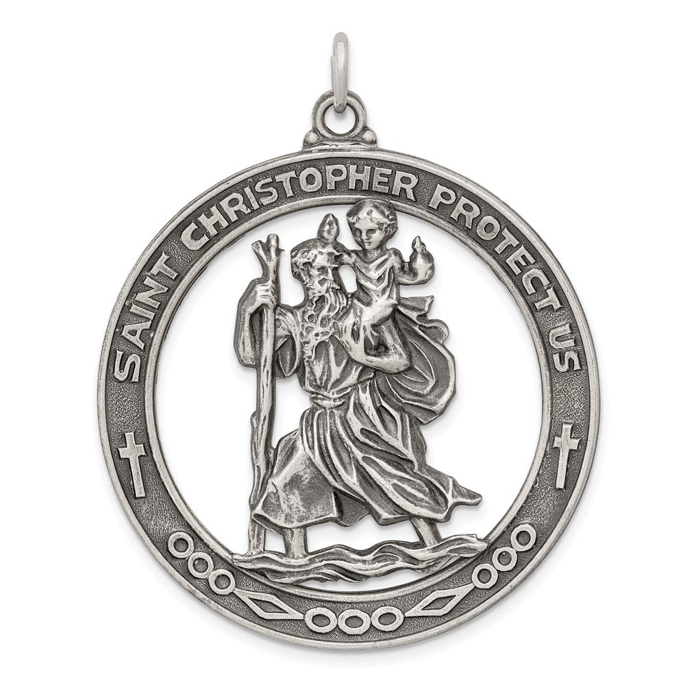 Sterling Silver Round St. Christopher Medal Pendant, 38mm (1.5 Inch), Item P27700-38 by The Black Bow Jewelry Co.