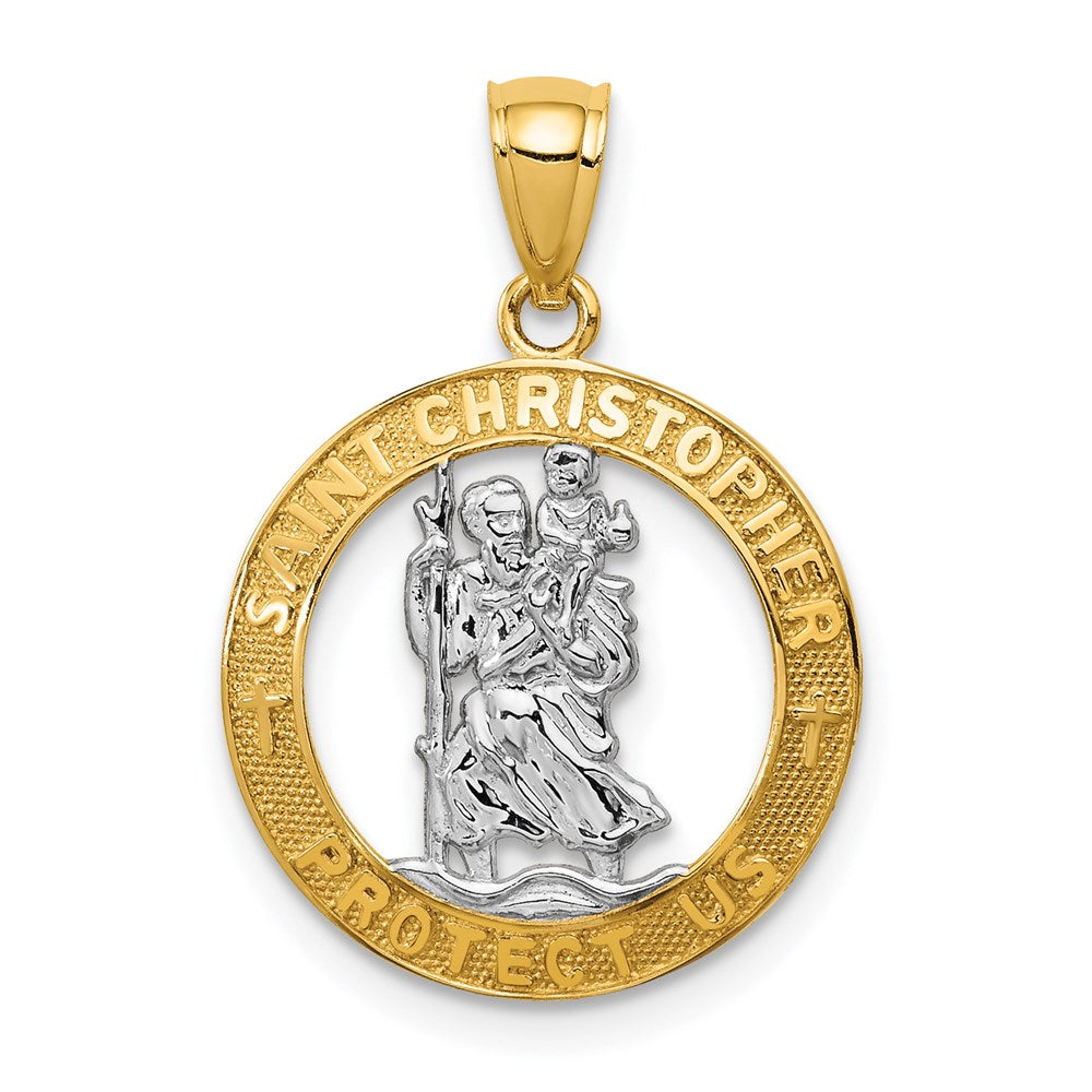 14k Yellow Gold & White Rhodium Plated St Christopher Pendant, 16mm, Item P27705-16 by The Black Bow Jewelry Co.