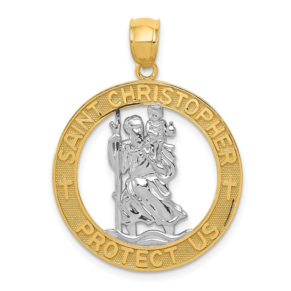 14k Yellow Gold & White Rhodium Plated St Christopher Pendant, 23mm, Item P27705-23 by The Black Bow Jewelry Co.