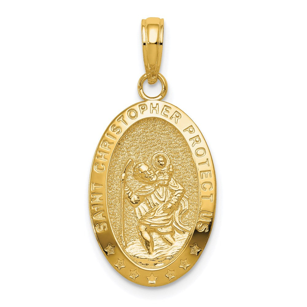 14k Yellow Gold Textured Oval St Christopher Medal Pendant, 12 x 27mm, Item P27707-27 by The Black Bow Jewelry Co.