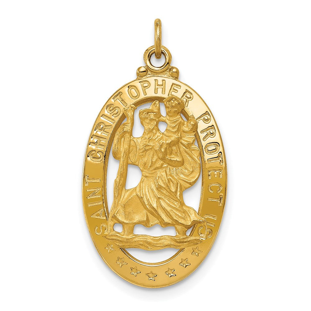 14k Yellow Gold Cutout Saint Christopher Medal Pendant, 15 x 28mm, Item P27714-28 by The Black Bow Jewelry Co.