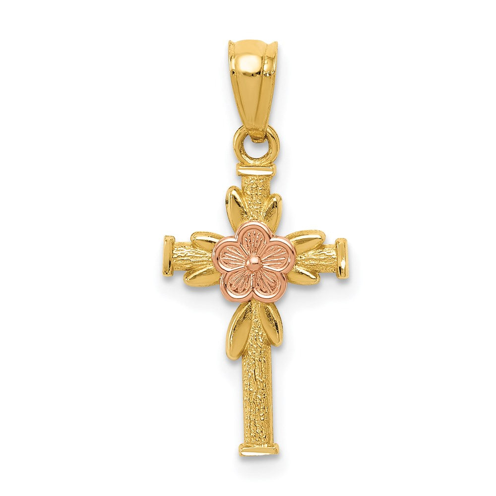 Children's 14k Yellow & Rose Gold Flower Cross Pendant, 10 x 23mm, Item P27716 by The Black Bow Jewelry Co.