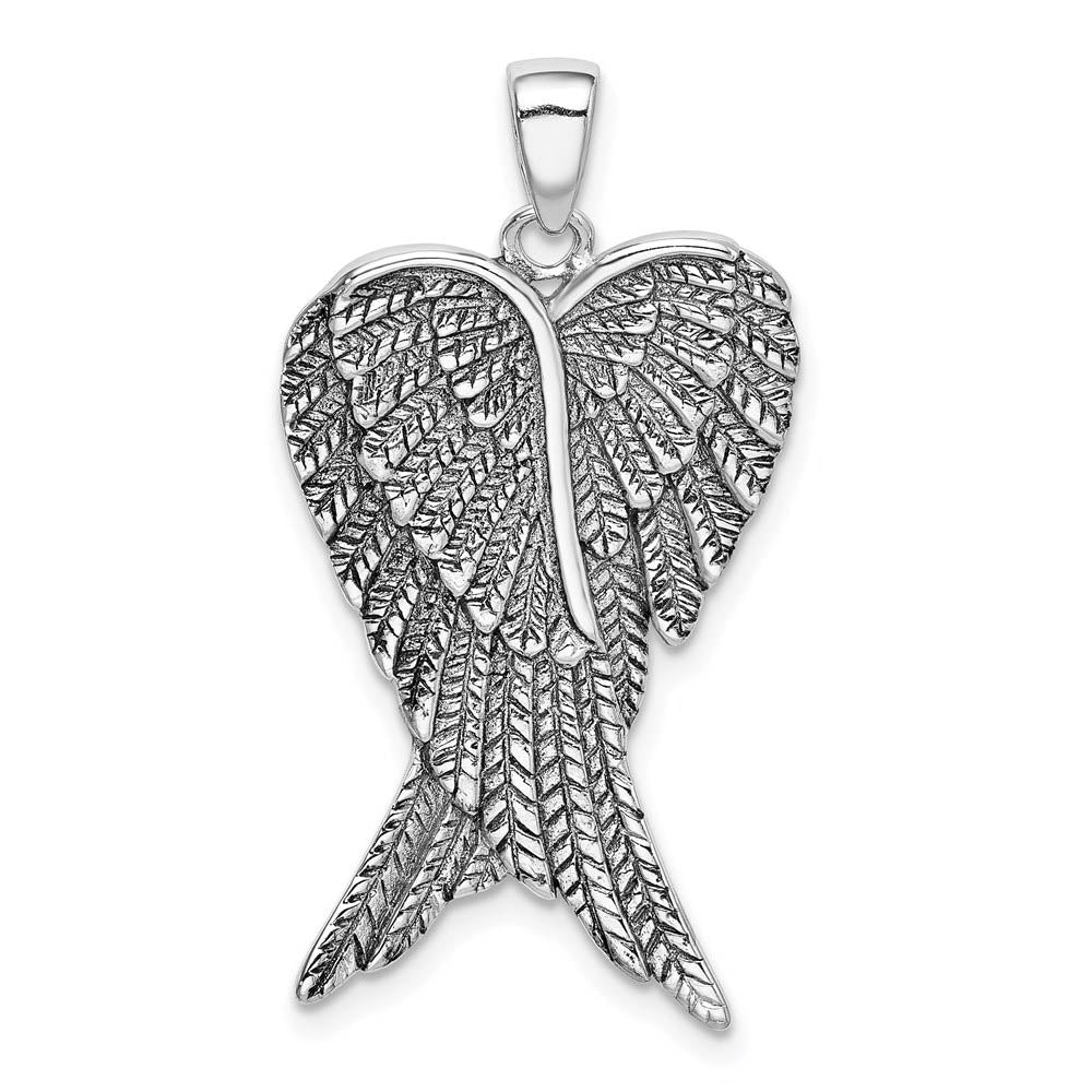 Rhodium Plated Sterling Silver Antiqued Angel Wings Pendant, 18 x 32mm, Item P27738 by The Black Bow Jewelry Co.