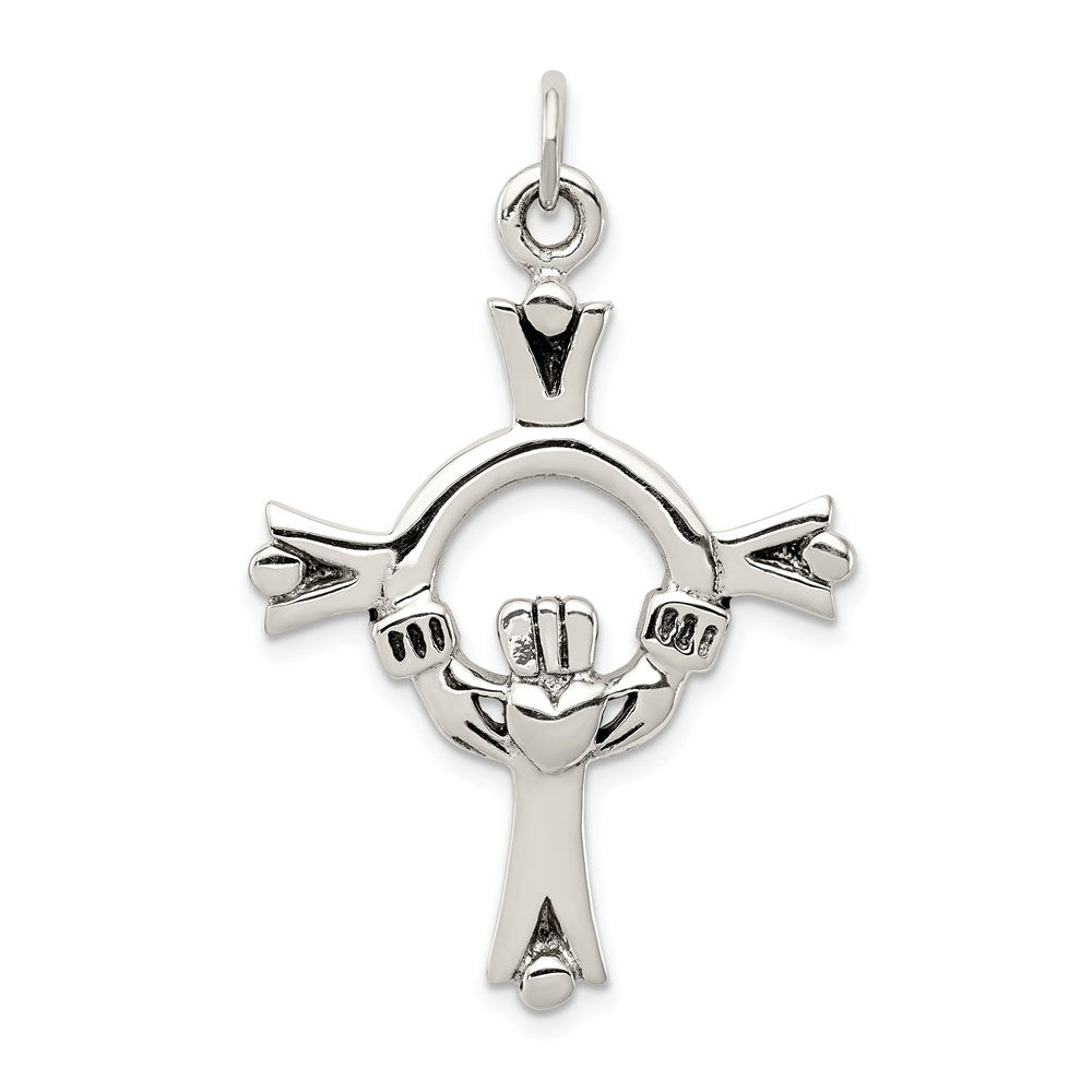 Sterling Silver Solid Antiqued Claddagh Cross Pendant, 25 x 42mm, Item P27749 by The Black Bow Jewelry Co.