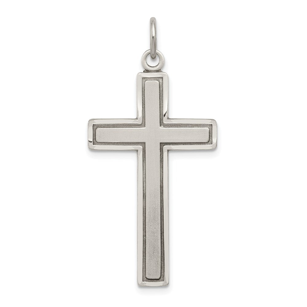 Sterling Silver Antiqued & Satin Solid Bordered Cross Pendant, 19x42mm, Item P27751 by The Black Bow Jewelry Co.