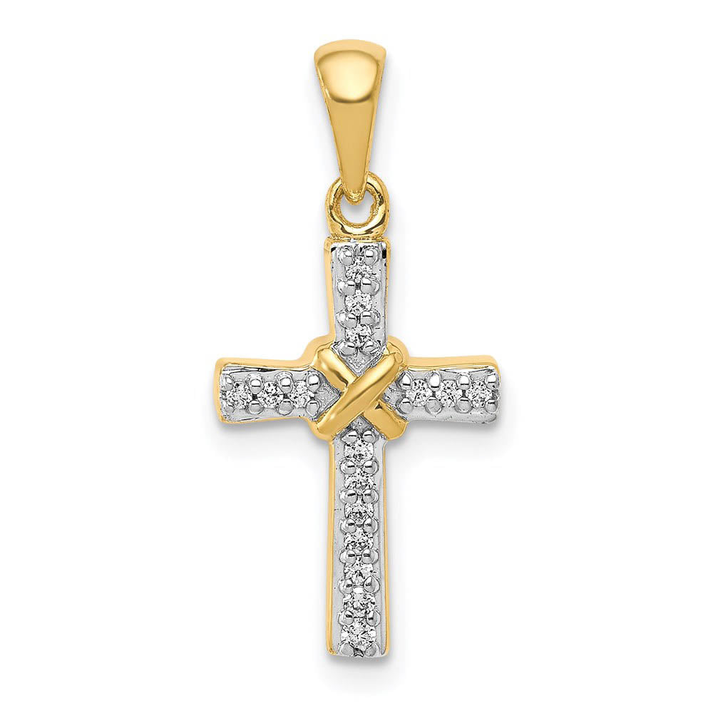 14k Yellow Gold & Rhodium 1/10Ctw Diamond Small Cross Pendant, 10x23mm, Item P27779 by The Black Bow Jewelry Co.