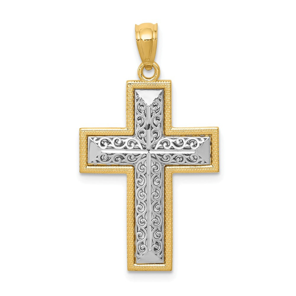 14k Two Tone Gold Embossed Filigree Cross Pendant, 17 x 31mm, Item P27801 by The Black Bow Jewelry Co.