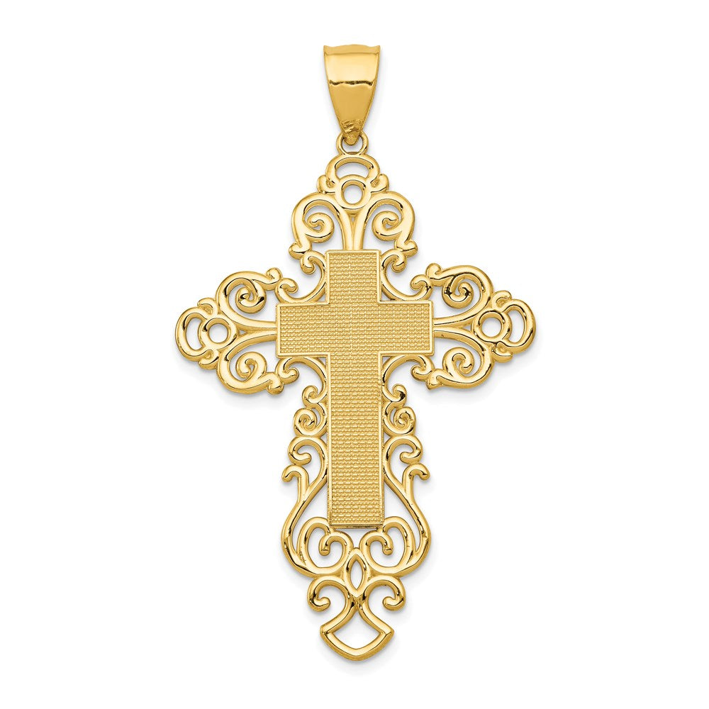 14k Yellow Gold Large Fancy Filigree Bordered Cross Pendant, 31 x 52mm, Item P27803 by The Black Bow Jewelry Co.
