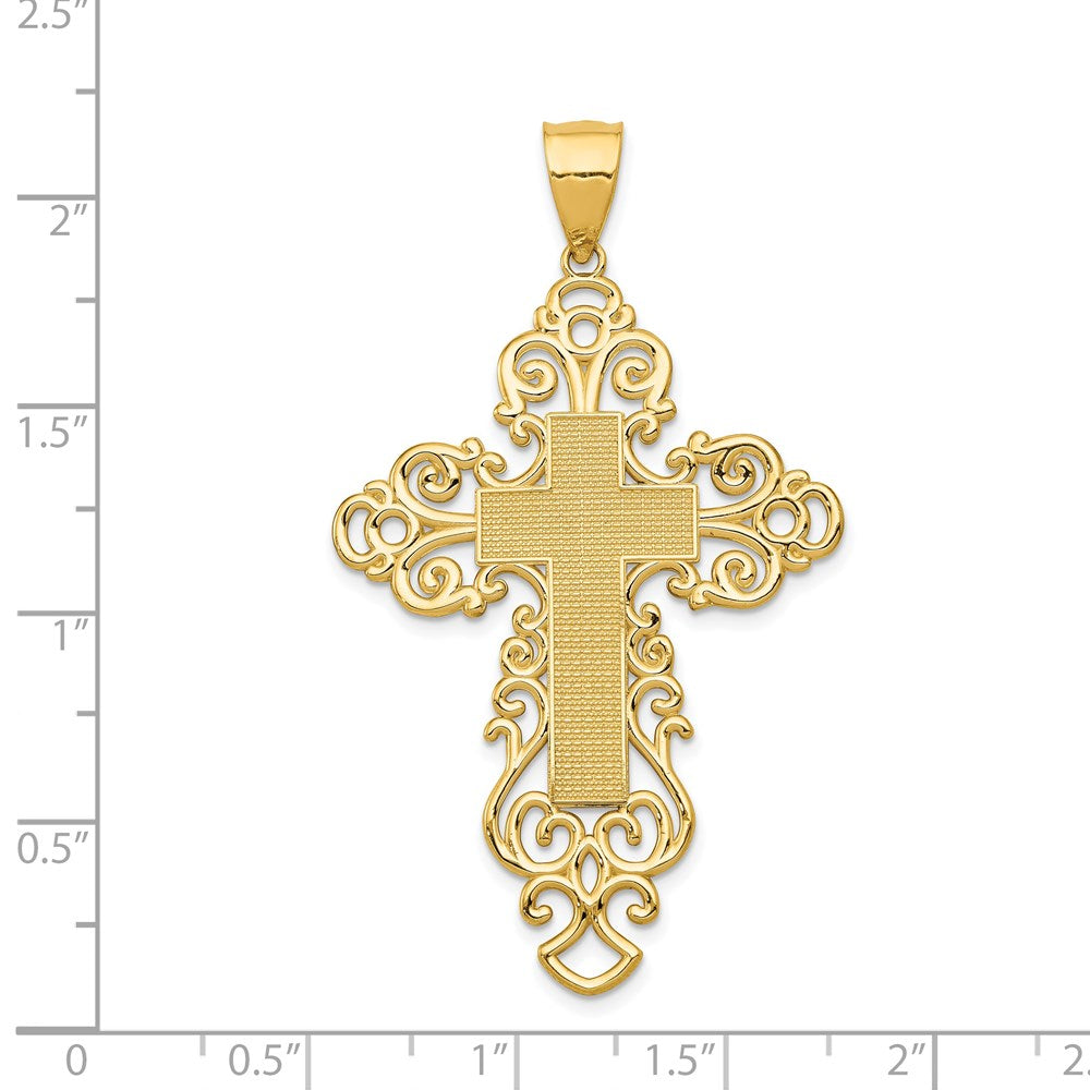 Alternate view of the 14k Yellow Gold Large Fancy Filigree Bordered Cross Pendant, 31 x 52mm by The Black Bow Jewelry Co.