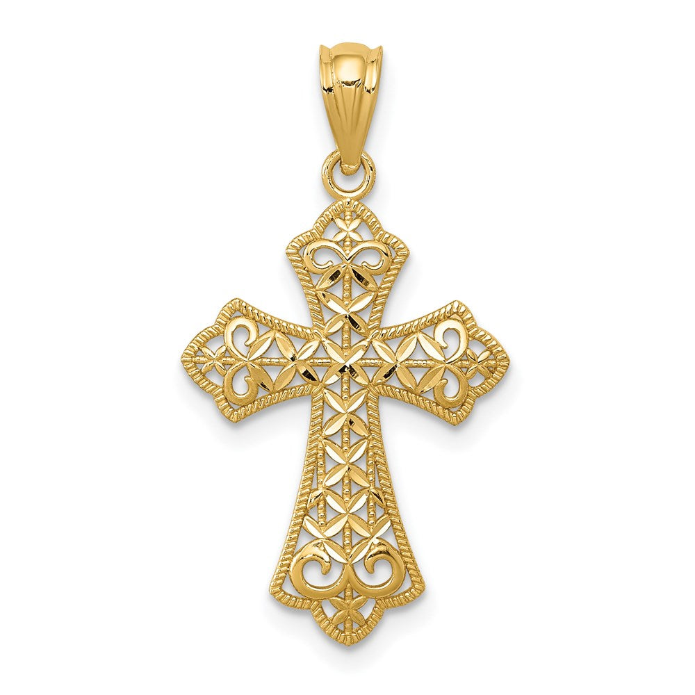 14k Yellow Gold Fleur de Lis Filigree Cross Pendant, 15 x 28mm, Item P27806 by The Black Bow Jewelry Co.