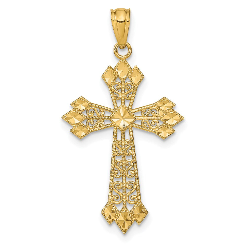 14k Yellow Gold Diamond-Cut Filigree Cross Pendant, 17 x 32mm, Item P27820 by The Black Bow Jewelry Co.
