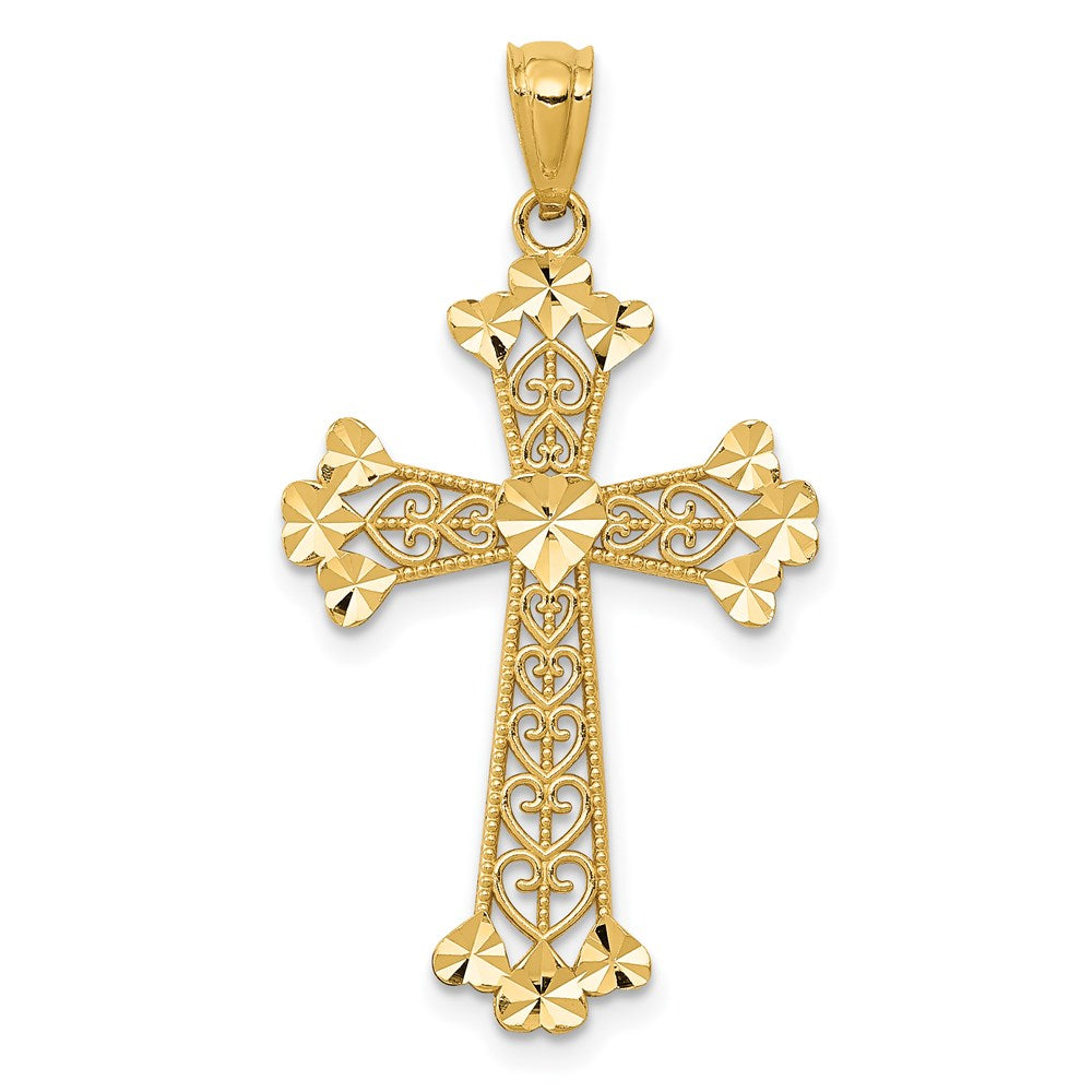 14k Yellow Gold Diamond-Cut Filigree Heart Cross Pendant, 18 x 33mm, Item P27821 by The Black Bow Jewelry Co.
