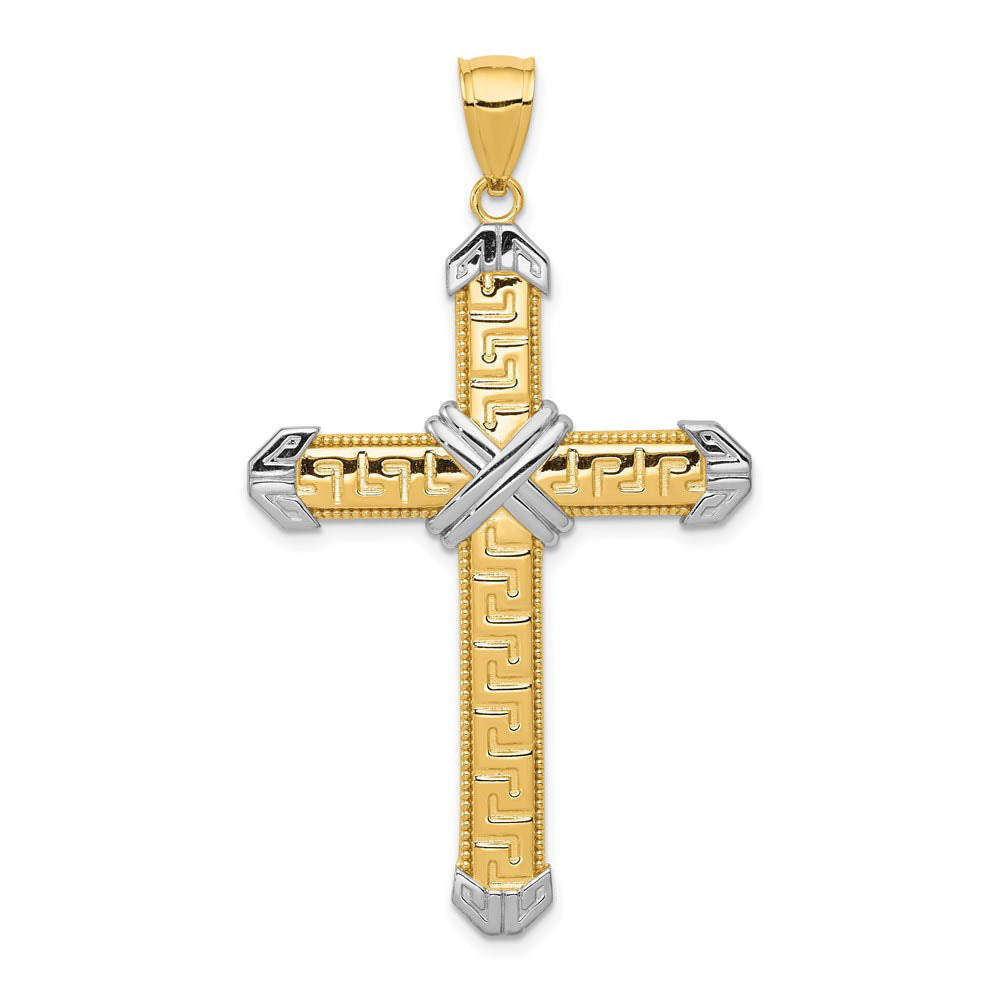 Men's 14k Yellow Gold & White Rhodium Greek Key Cross Pendant, 29x52mm, Item P27840 by The Black Bow Jewelry Co.
