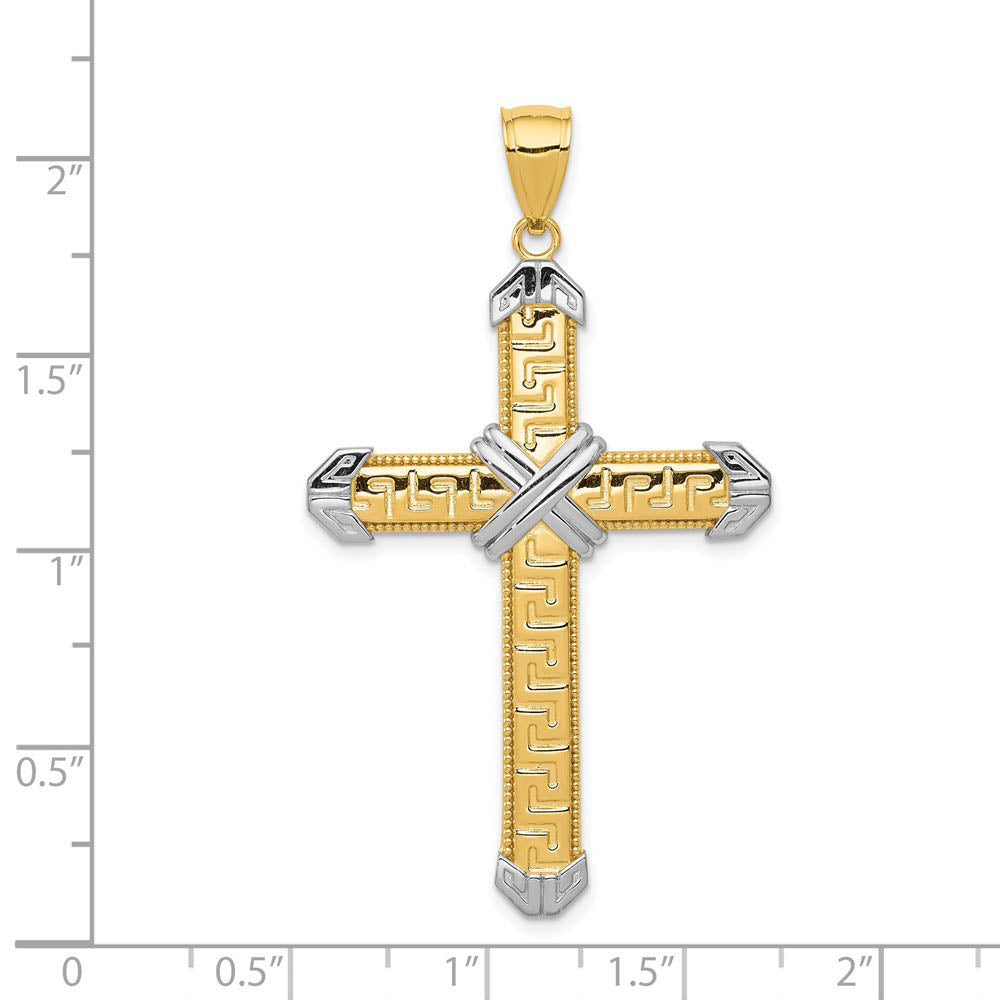 Alternate view of the Men's 14k Yellow Gold & White Rhodium Greek Key Cross Pendant, 29x52mm by The Black Bow Jewelry Co.