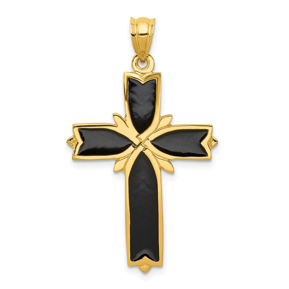 14k Yellow Gold & Black Enamel Fleur de Lis Cross Pendant, 22 x 38nm, Item P27847 by The Black Bow Jewelry Co.