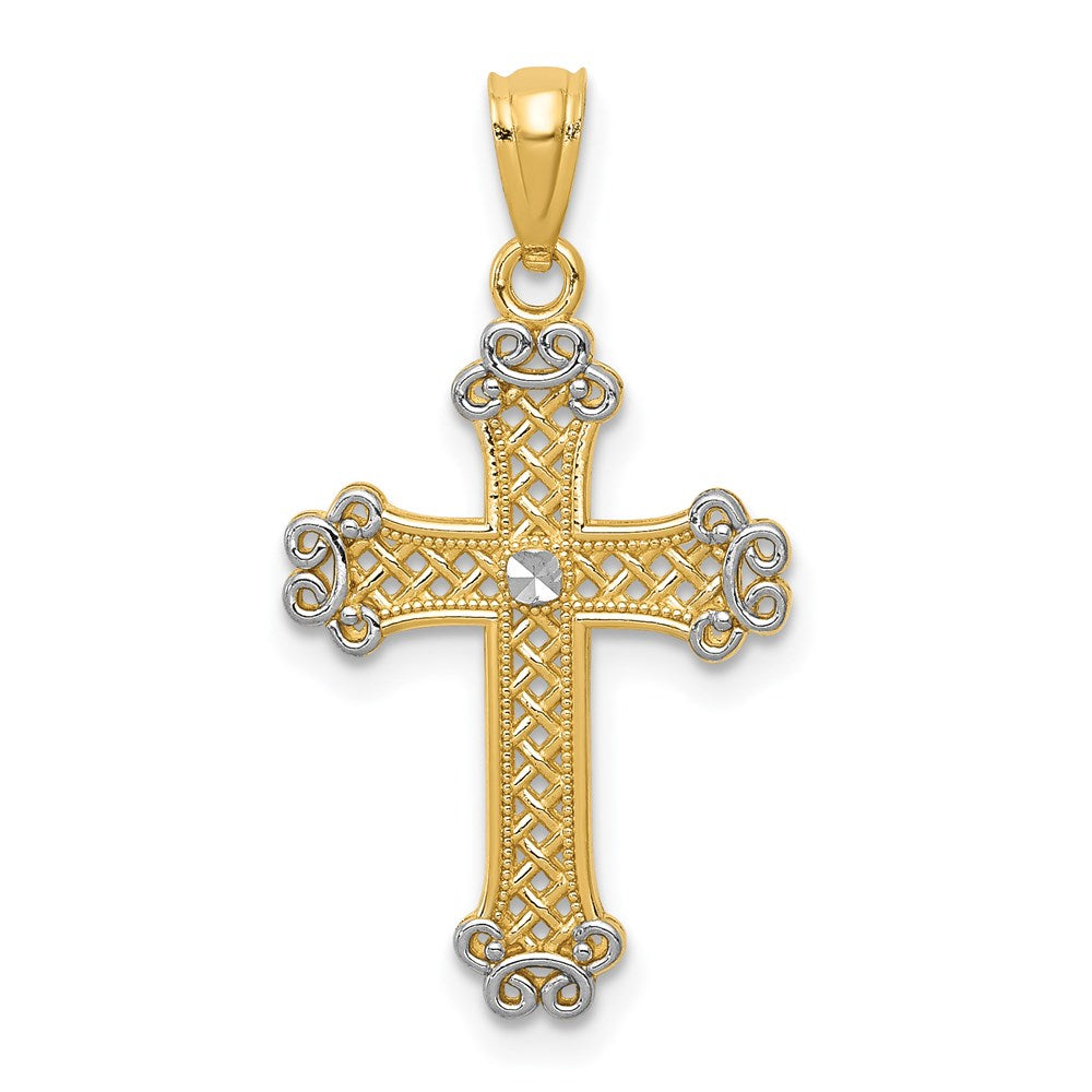 14k Yellow Gold & White Rhodium Filigree Cross Pendant, 14 x 26mm, Item P27852 by The Black Bow Jewelry Co.