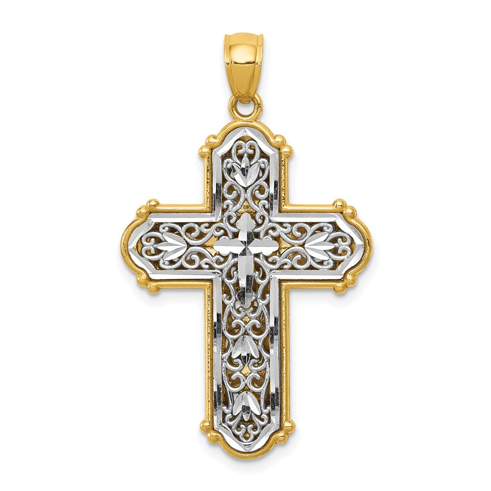 14k Yellow Gold & Rhodium Reversible Filigree Cross Pendant, 22 x 38mm, Item P27853 by The Black Bow Jewelry Co.