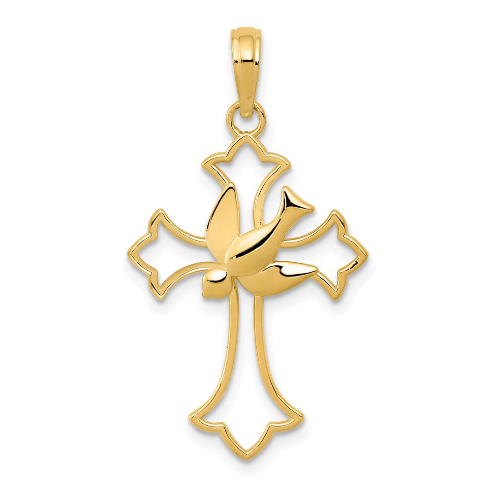 14k Yellow Gold Fleur de Lis Dove Cross Pendant, 18 x 32mm, Item P27863 by The Black Bow Jewelry Co.