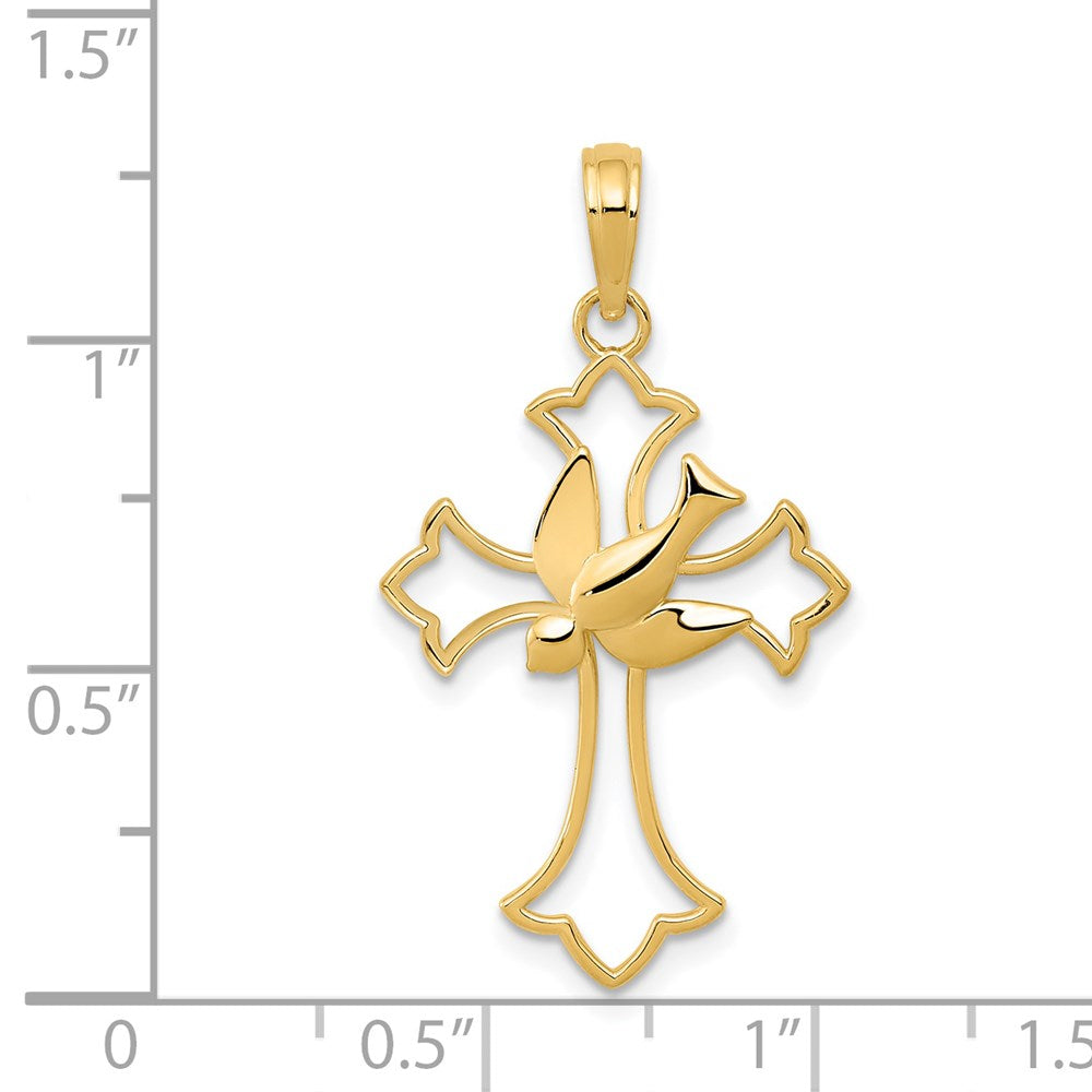 Alternate view of the 14k Yellow Gold Fleur de Lis Dove Cross Pendant, 18 x 32mm by The Black Bow Jewelry Co.
