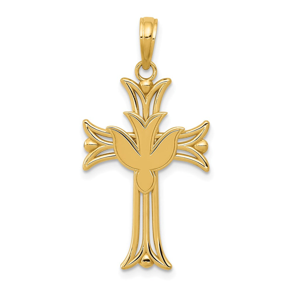 14k Yellow Gold Fleur de Lis Dove Cross Pendant, 16 x 32mm, Item P27866 by The Black Bow Jewelry Co.