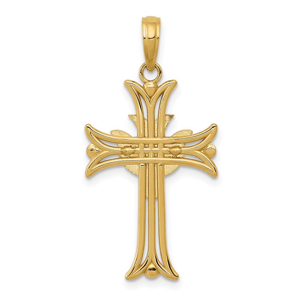 Alternate view of the 14k Yellow Gold Fleur de Lis Dove Cross Pendant, 16 x 32mm by The Black Bow Jewelry Co.