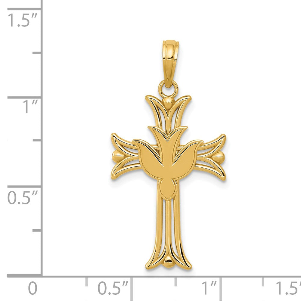 Alternate view of the 14k Yellow Gold Fleur de Lis Dove Cross Pendant, 16 x 32mm by The Black Bow Jewelry Co.