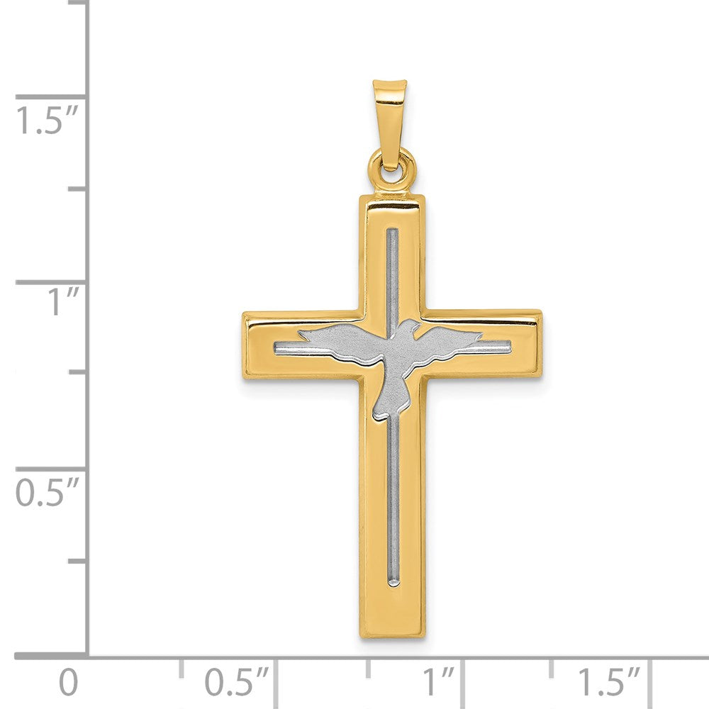 Alternate view of the 14k Yellow Gold & White Rhodium Hollow Dove Cross Pendant, 20 x 38mm by The Black Bow Jewelry Co.
