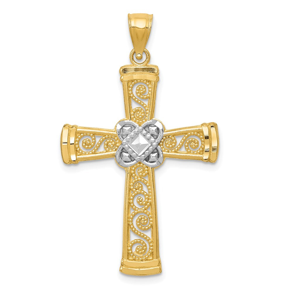 14k Yellow Gold & Rhodium Diamond-cut Filigree Cross Pendant, 23x39mm, Item P27871 by The Black Bow Jewelry Co.