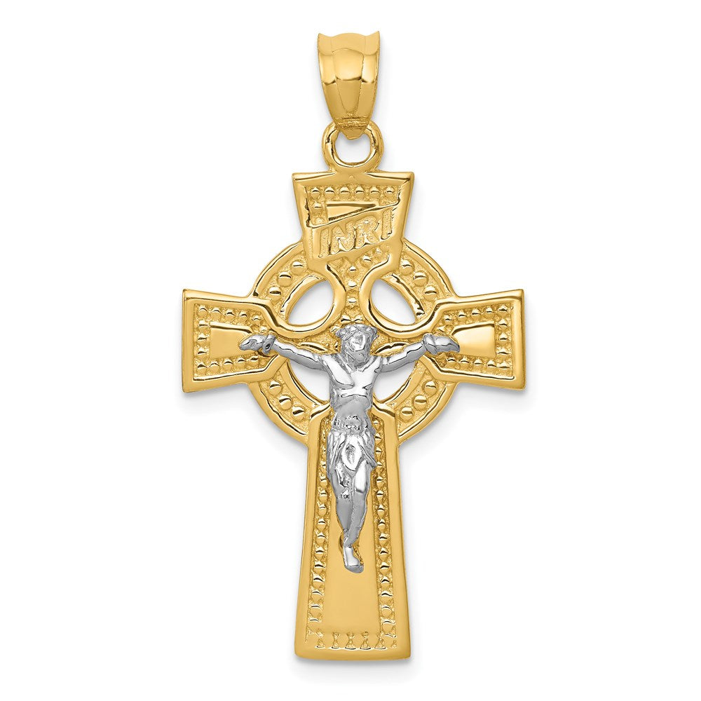 14k Two Tone Gold INRI Celtic Crucifix Pendant, 20 x 36mm, Item P27883 by The Black Bow Jewelry Co.