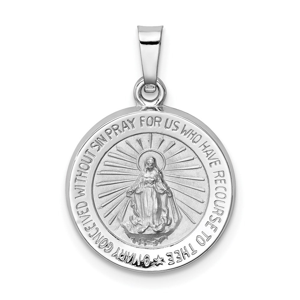 14k White Gold Hollow Round Miraculous Medal Pendant, 15mm (9/16 Inch), Item P27890 by The Black Bow Jewelry Co.