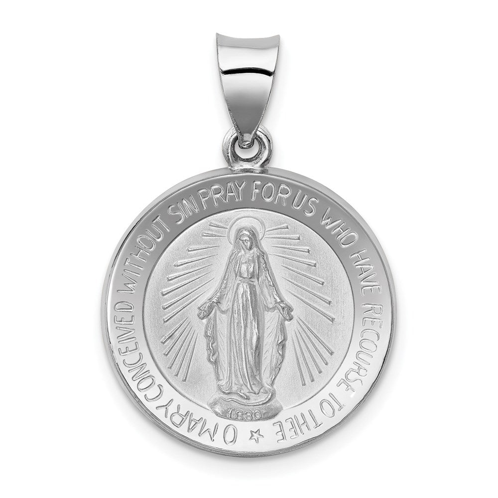 14k White Gold Hollow Round Miraculous Medal Pendant, 18mm (11/16 In.), Item P27891 by The Black Bow Jewelry Co.