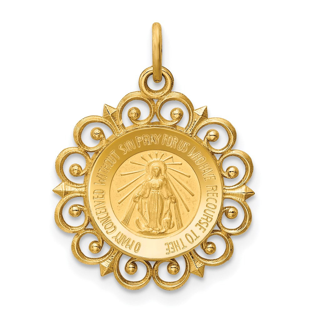 14k Yellow Gold Filigree Miraculous Medal Pendant, 19mm (3/4 Inch), Item P27897 by The Black Bow Jewelry Co.